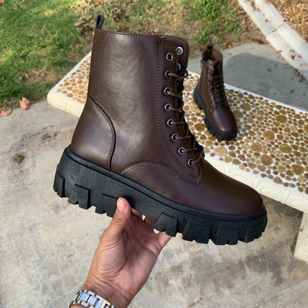 Brown Faux Leather Combat Boots